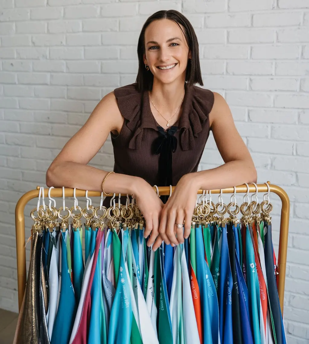 Color analysis draping session with teal, rose, and sage fabrics